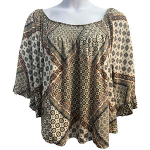 World Unity Top Womens XXL Scoop Neck 3/4 Bell Sleeve‎ Boho Print EUC